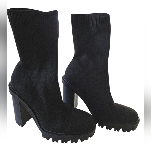 Zara Shoes - Zara Sock Chunky Heels Black Boots Womens Size 38